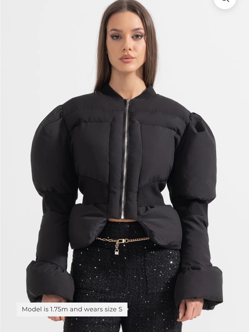 Black Puff-Sleeve Cropped Puffer Jacket